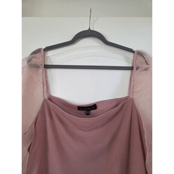 Eloquii Dusty Rose Pink Organza Puff Sheer Sleeves Square Neck Blouse Plus 14/16 - Picture 4 of 12